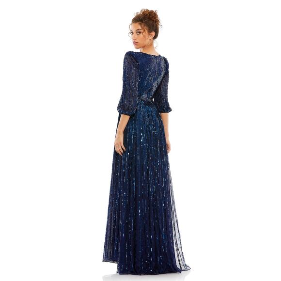 MAC DUGGAL 5509 Wrap Over 3/4 Sleeve Sequined Tulle Gown Midnight 20 NEW - Picture 2 of 8